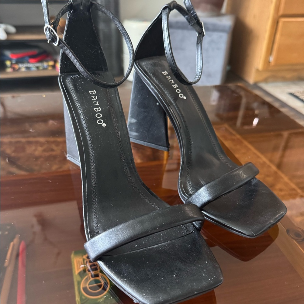 BAMBOO Black Stiletto Heels with Ankle Strap